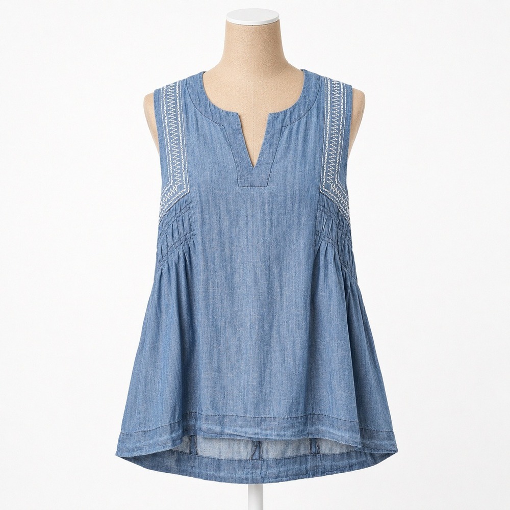 Boho Embroidered Pleated Chambray Sleeveless Top Size M Blue Western Festival - Picture 1 of 8